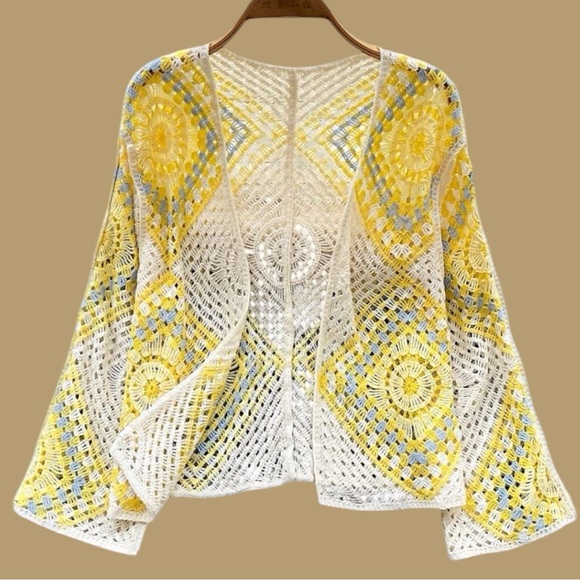 POL Crochet Granny Square Cardigan Yellow Boho Festival Layering NEW - Picture 8 of 11